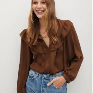 Brown Ruffled Button Blouse